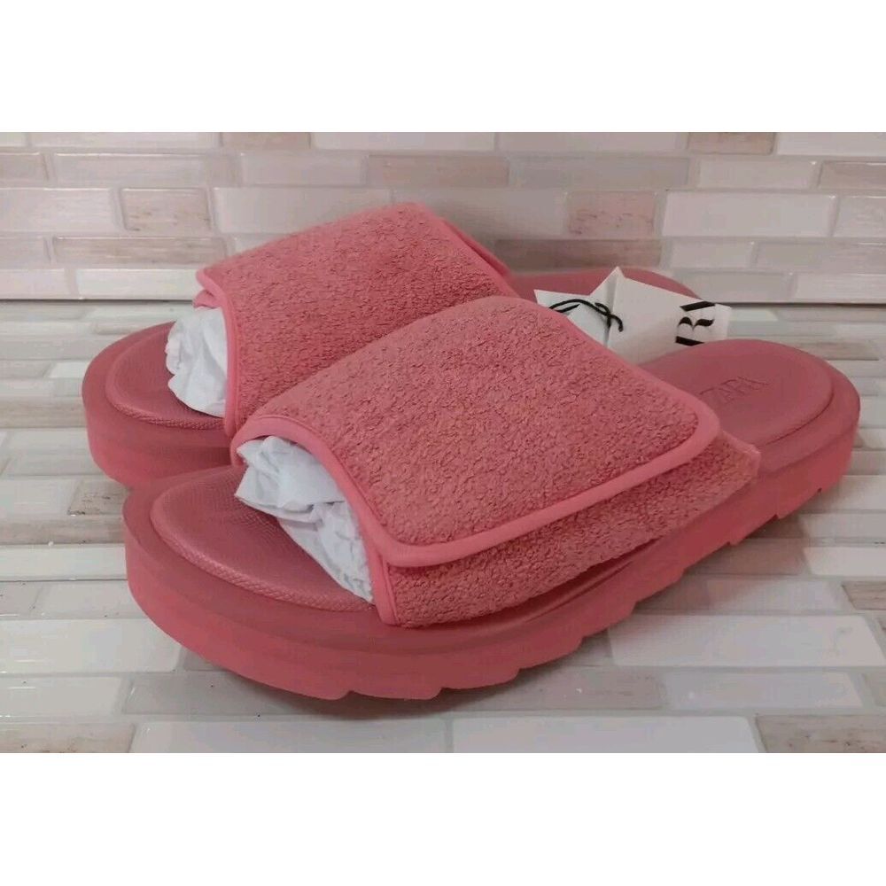 Zara Women Pink Terry Cloth Fastner Slip On Chunky Slip On Sandals‎ Size 11 - Picture 1 of 9